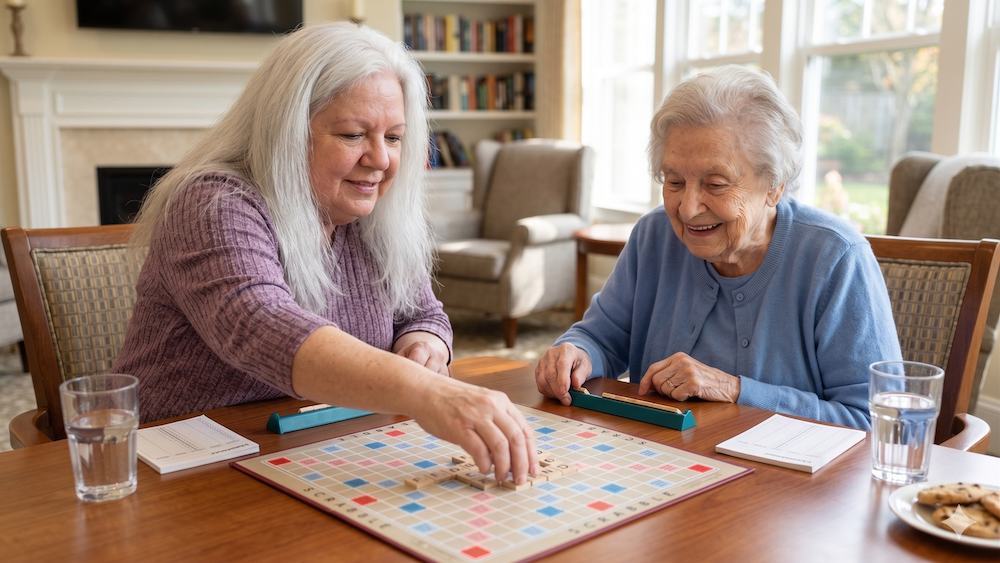 Two women enjoying a board game together